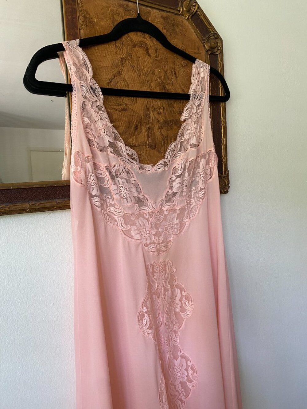 Vintage 1970s Pink Sheer Lace Full Sweep Maxi Slip Boho Romantic M/L